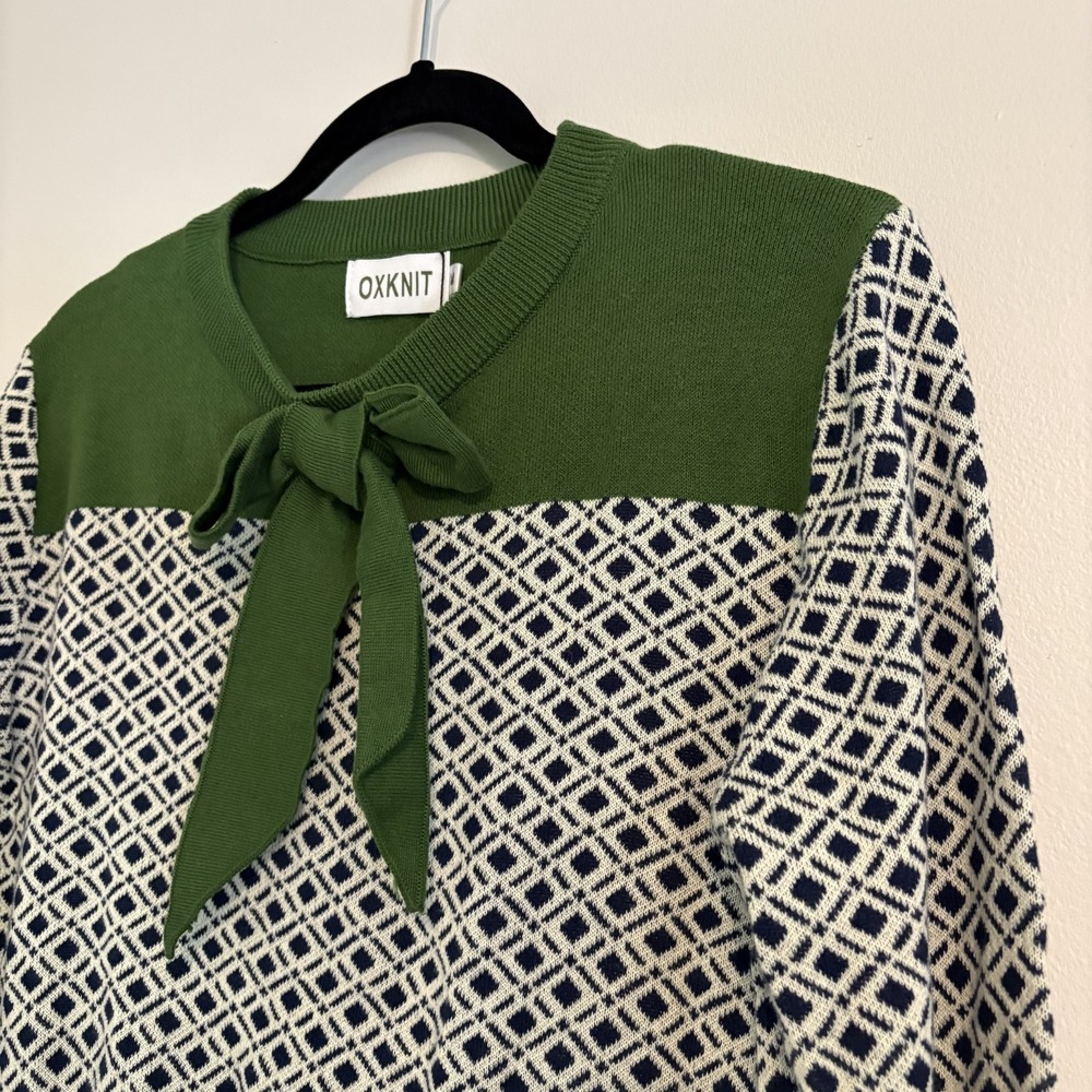 NWT OXKNIT 100% Cotton Green Patterned Bow Neck Knit Sweater Size M Preppy Twee - Picture 5 of 10